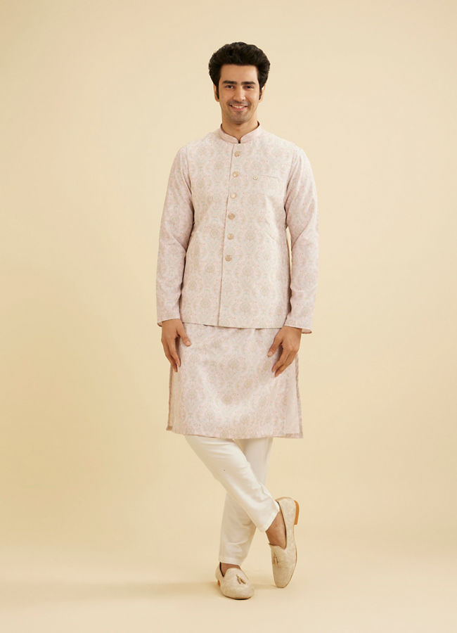 Manyavar Men Soft Peach Jaal Medallion Patterned Jacket Set