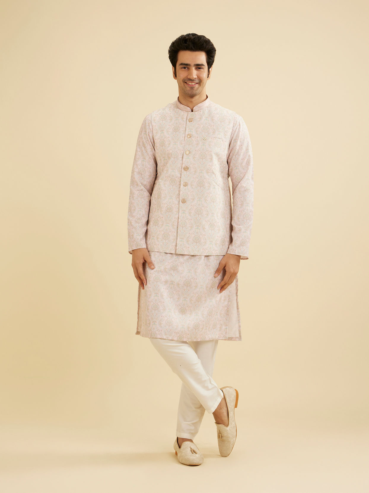 Manyavar Men Soft Peach Jaal Medallion Patterned Jacket Set