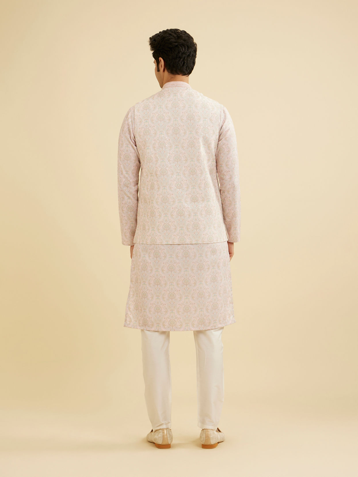 Manyavar Men Soft Peach Jaal Medallion Patterned Jacket Set