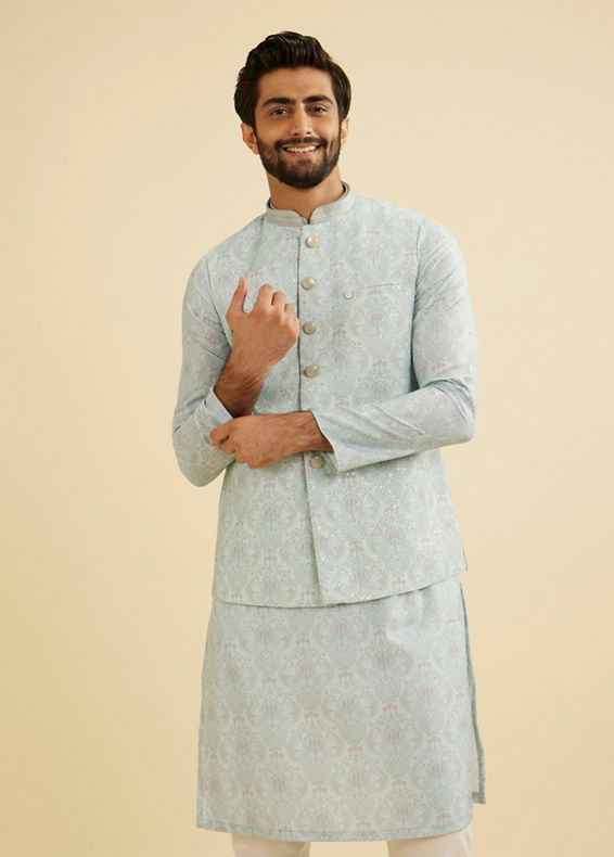 Manyavar Men Aqua Green Jaal Medallion Patterned Jacket Set