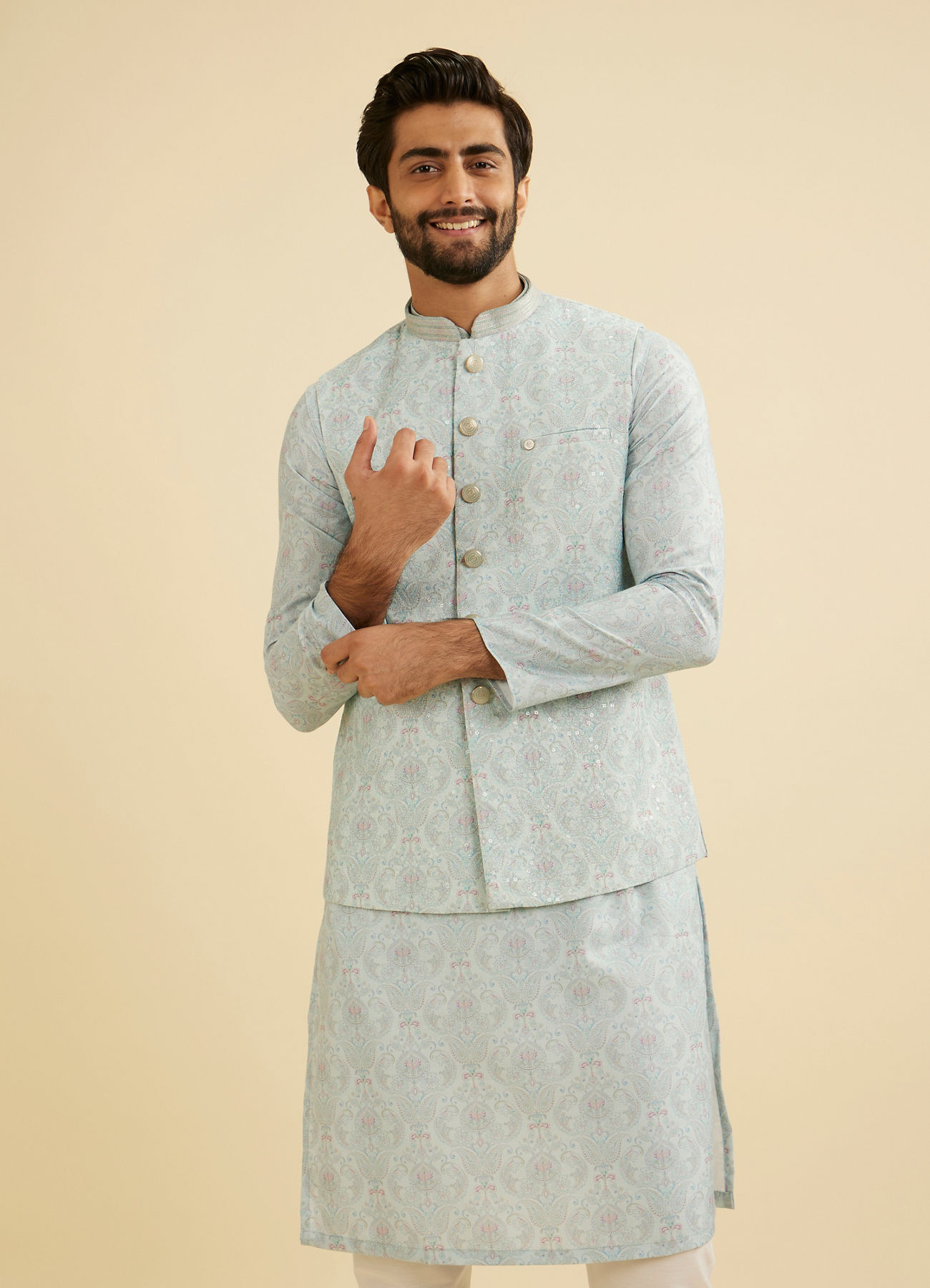 Manyavar Men Aqua Green Jaal Medallion Patterned Jacket Set