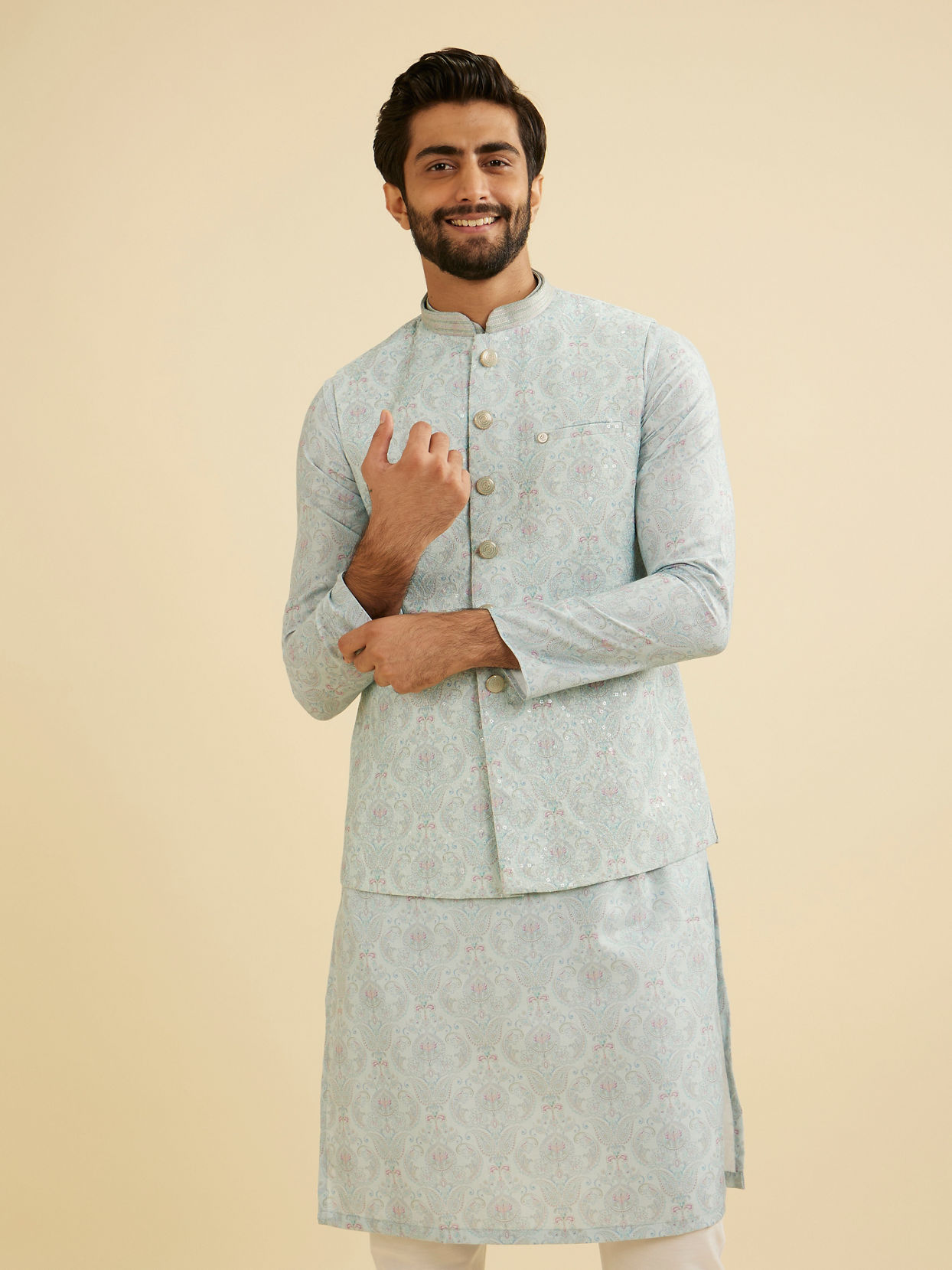 Manyavar Men Aqua Green Jaal Medallion Patterned Jacket Set image number 0