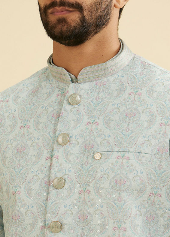 Manyavar Men Aqua Green Jaal Medallion Patterned Jacket Set