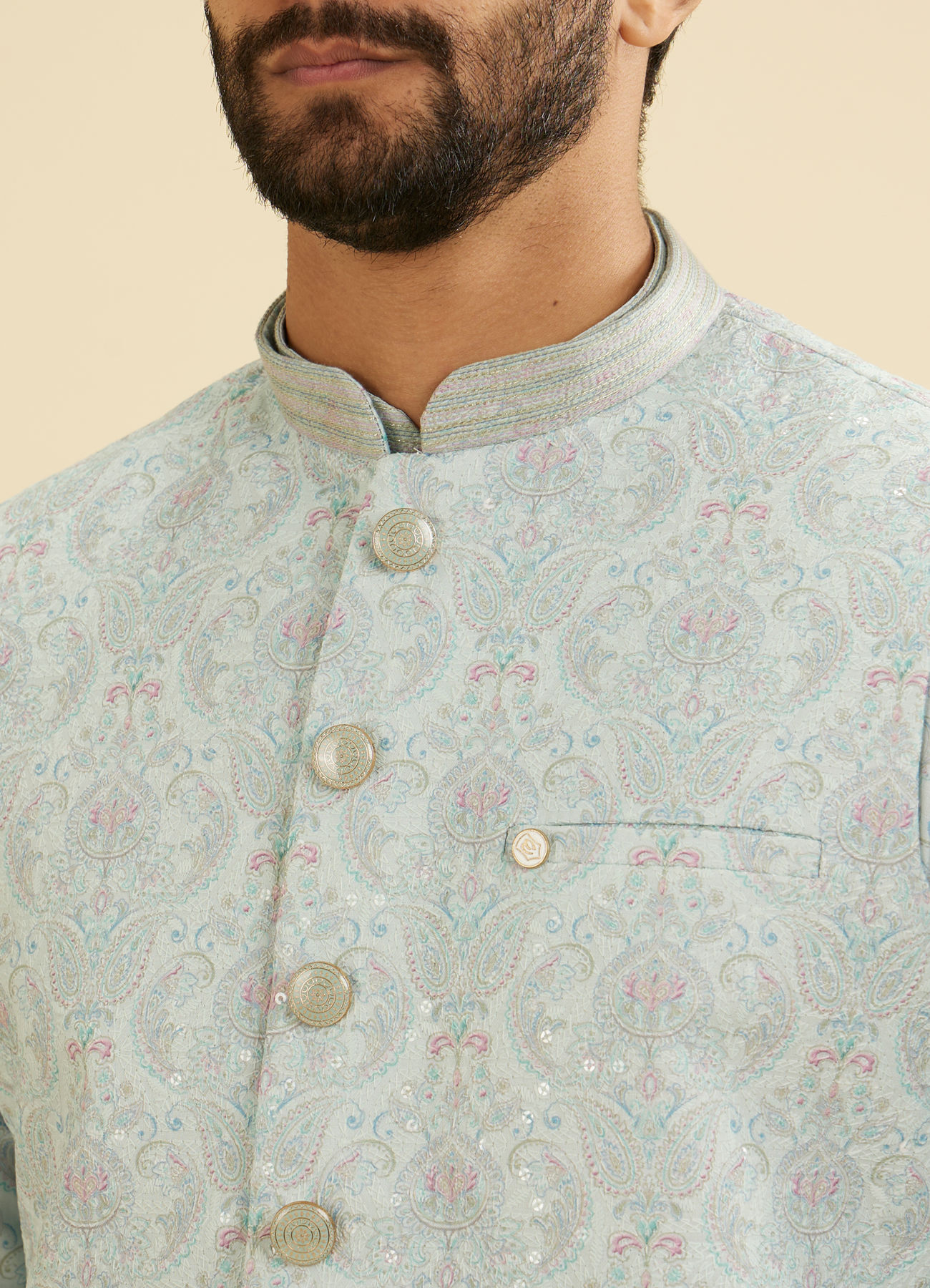 Manyavar Men Aqua Green Jaal Medallion Patterned Jacket Set