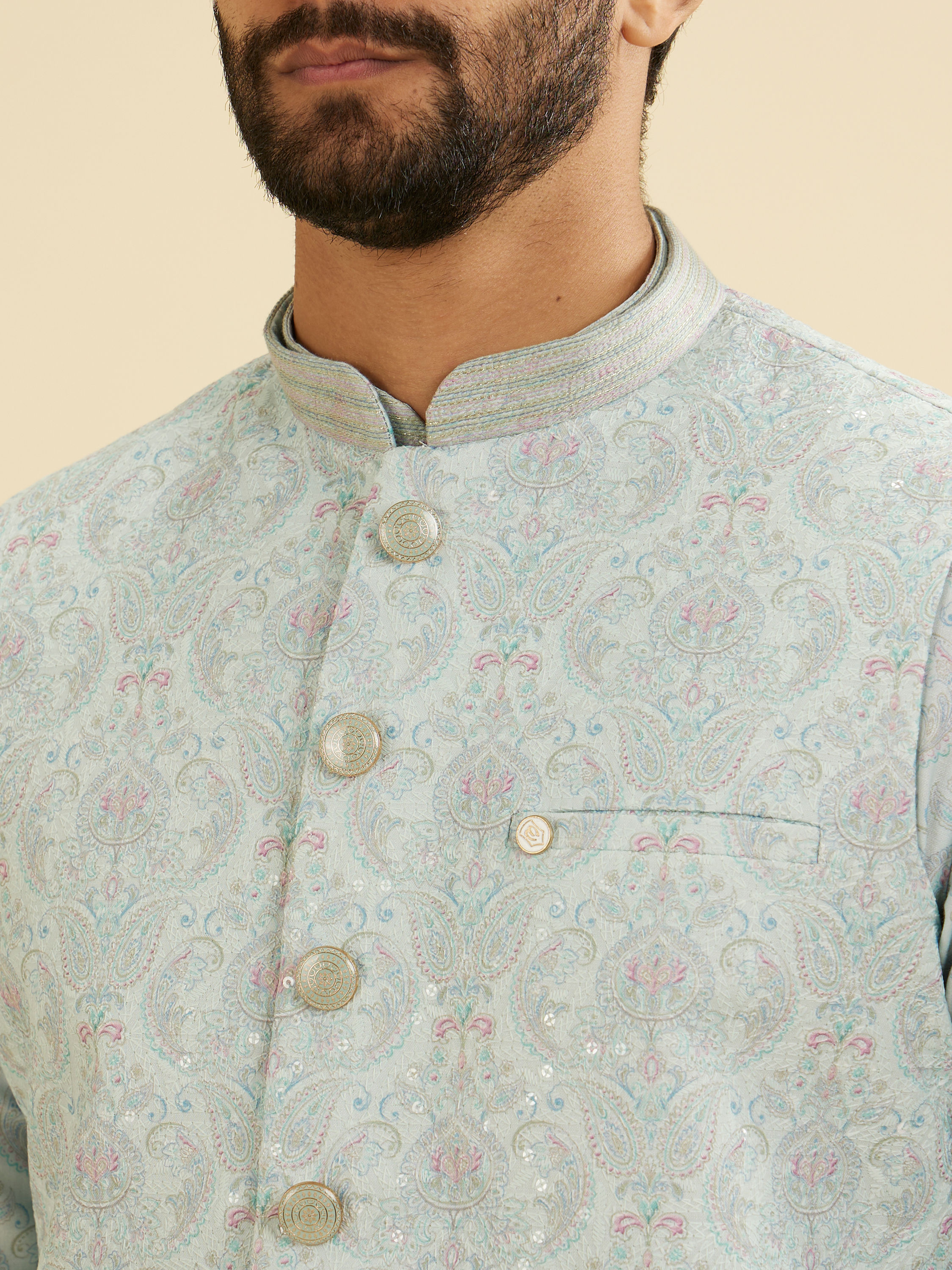 Manyavar Men Aqua Green Jaal Medallion Patterned Jacket Set