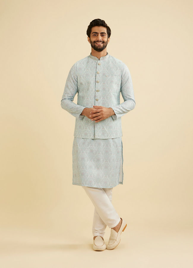 Manyavar Men Aqua Green Jaal Medallion Patterned Jacket Set image number 2