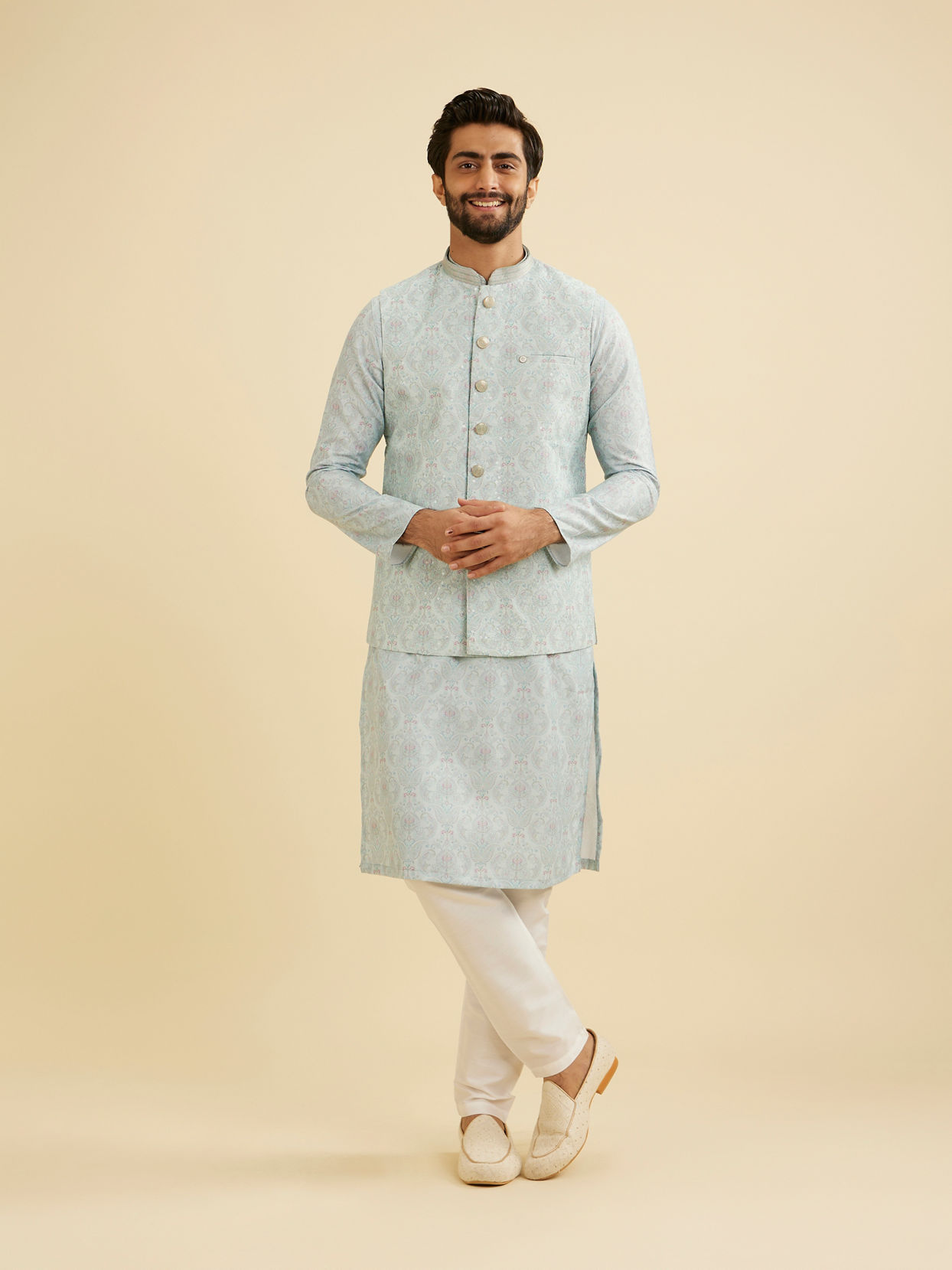 Manyavar Men Aqua Green Jaal Medallion Patterned Jacket Set image number 2