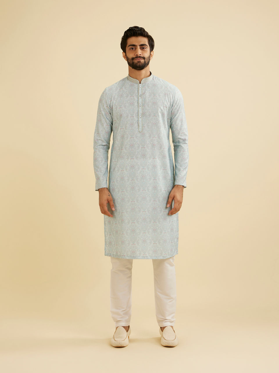 Manyavar Men Aqua Green Jaal Medallion Patterned Jacket Set