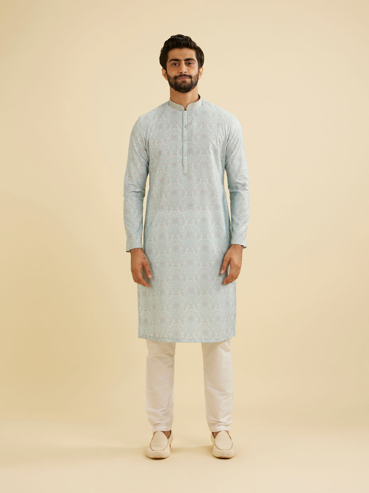 Manyavar Men Aqua Green Jaal Medallion Patterned Jacket Set image number 3