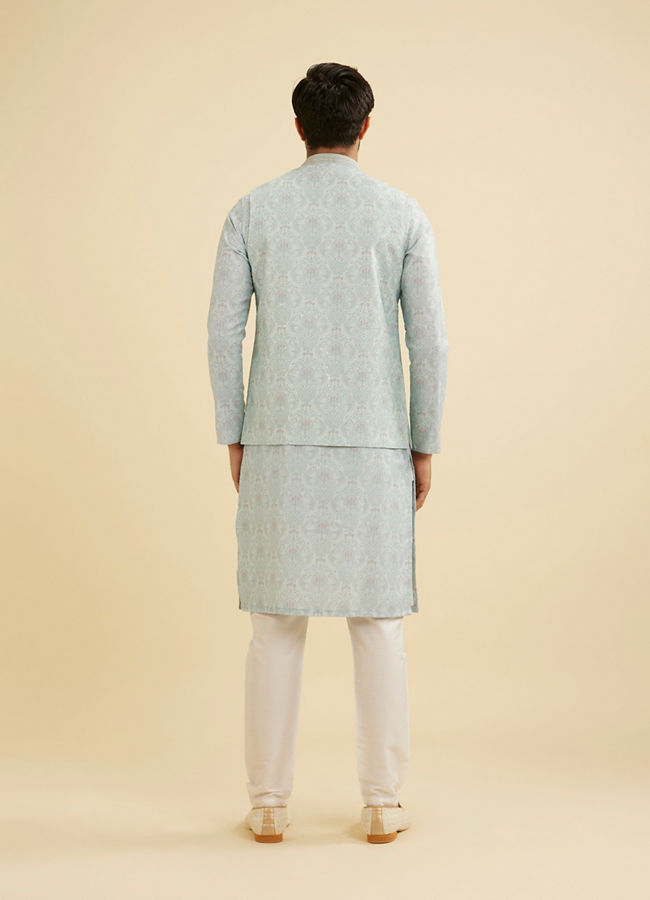 Manyavar Men Aqua Green Jaal Medallion Patterned Jacket Set image number 5