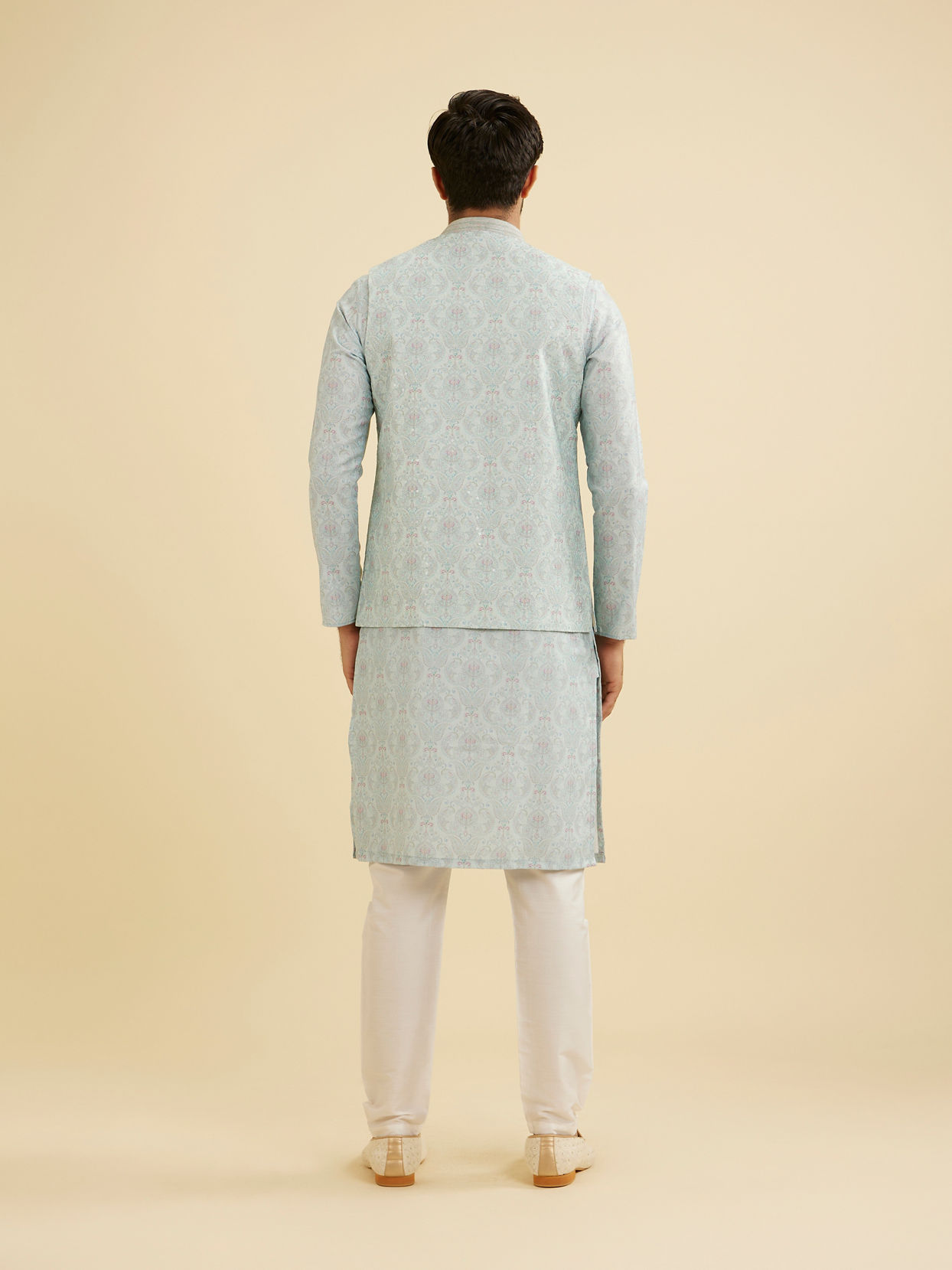 Manyavar Men Aqua Green Jaal Medallion Patterned Jacket Set image number 5