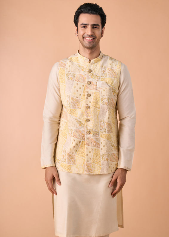 Manyavar Men Cream Elegance Kurta Jacket Set