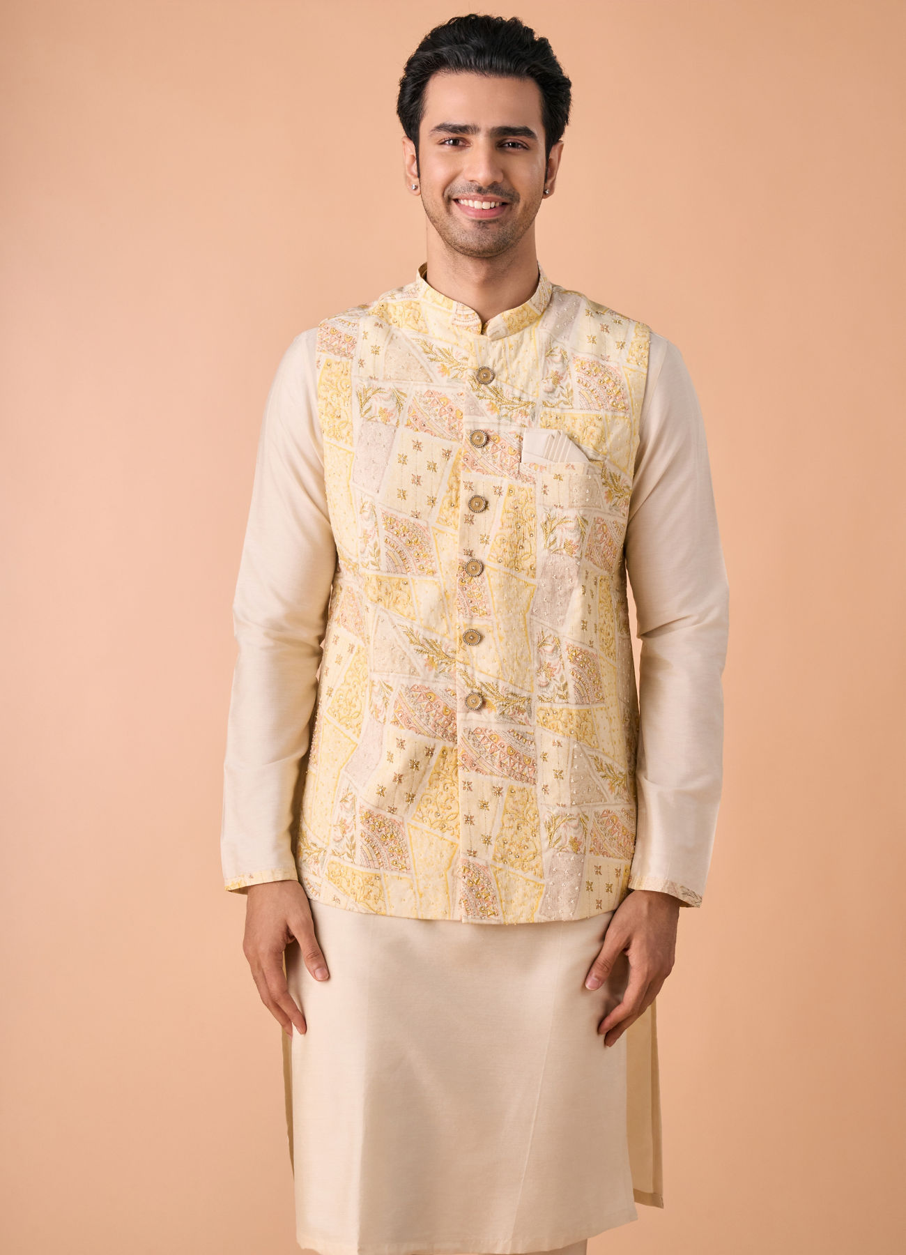 Manyavar Men Cream Elegance Kurta Jacket Set