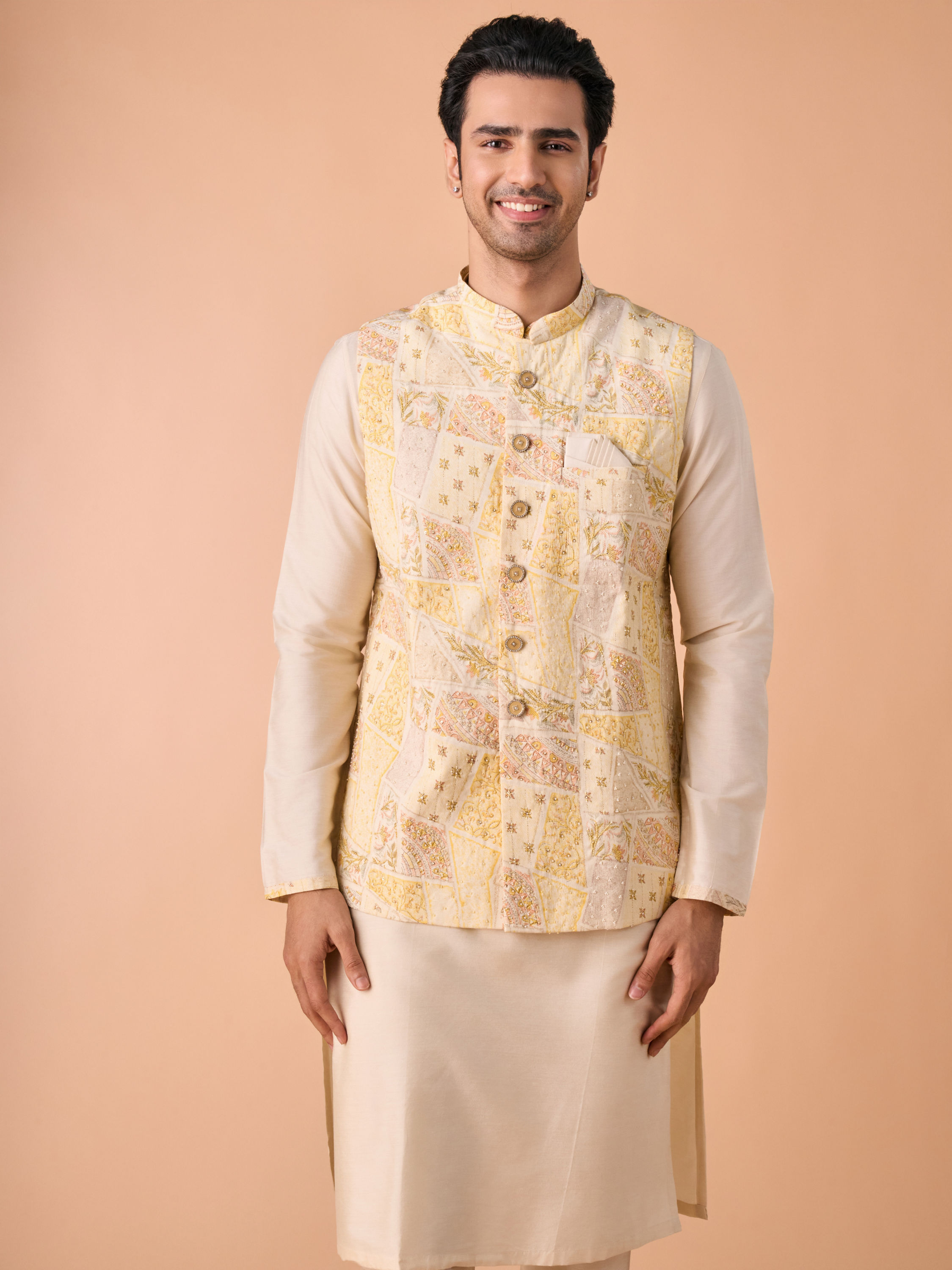 Manyavar Men Cream Elegance Kurta Jacket Set