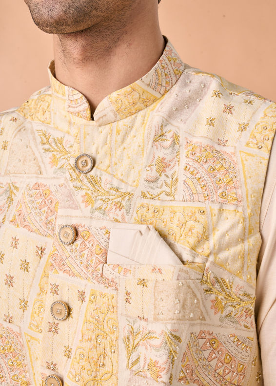 Manyavar Men Cream Elegance Kurta Jacket Set