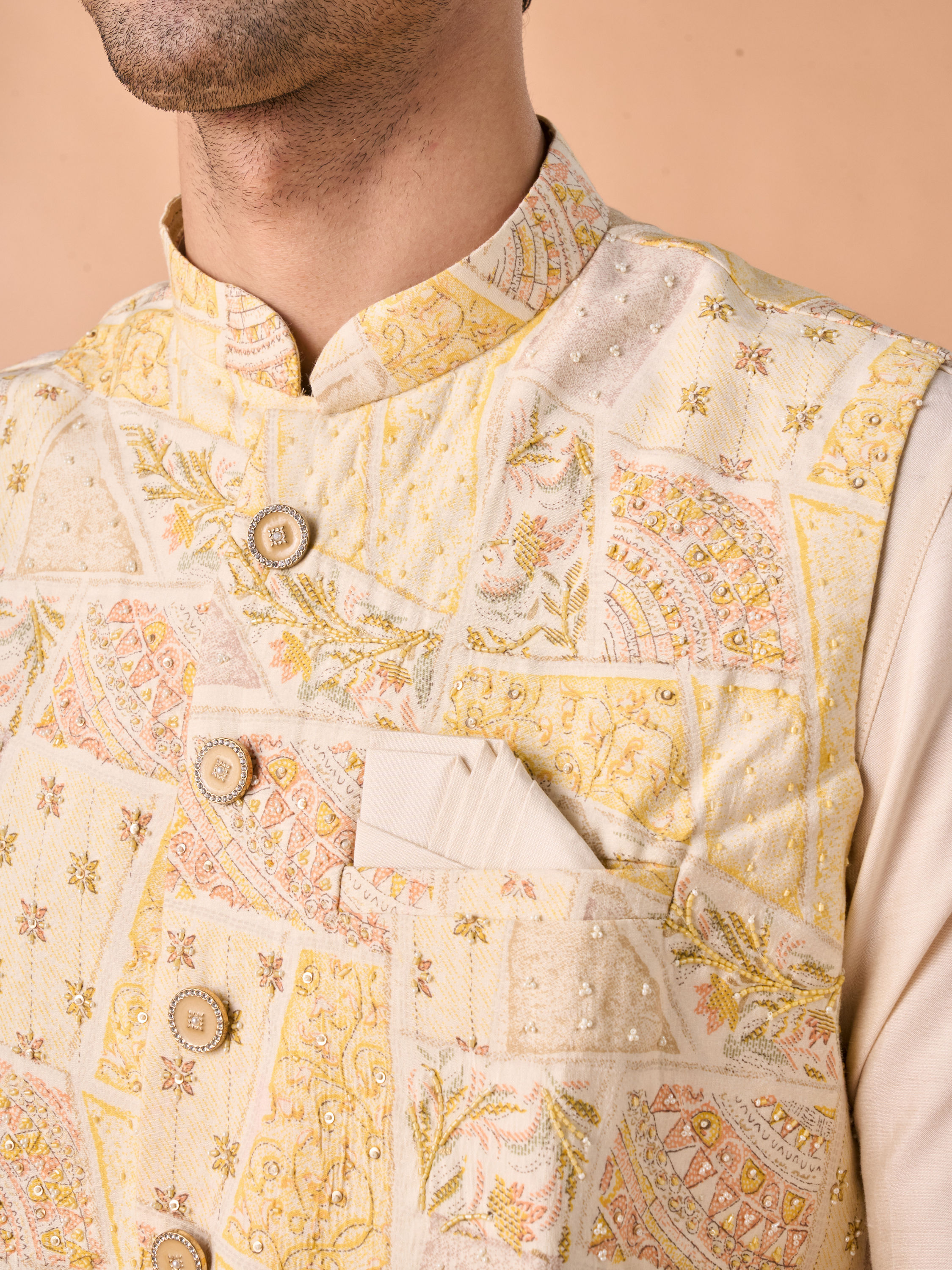 Manyavar Men Cream Elegance Kurta Jacket Set