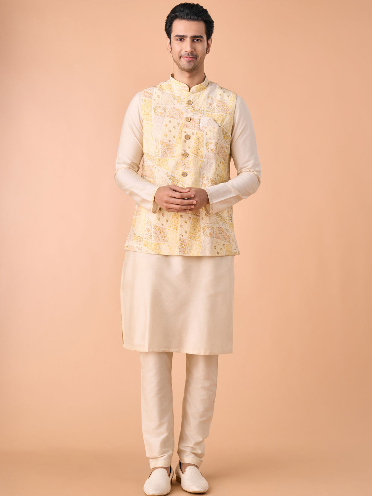 Manyavar Men Cream Elegance Kurta Jacket Set