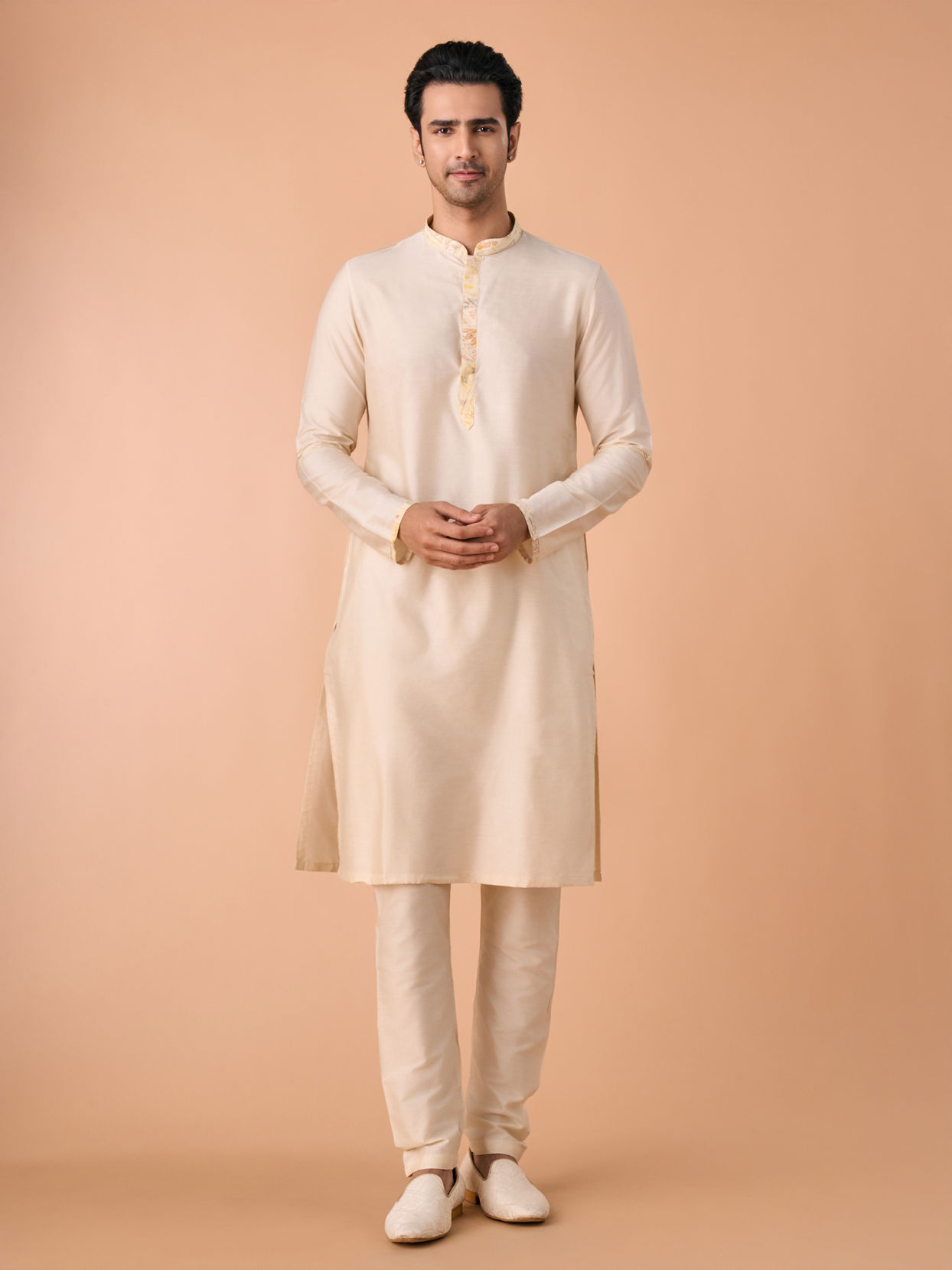 Manyavar Men Cream Elegance Kurta Jacket Set