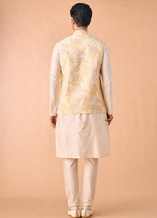 Manyavar Men Cream Elegance Kurta Jacket Set