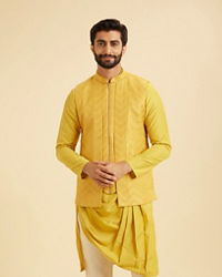 Manyavar Men Lustrous Mustard Satin Kurta Jacket Set