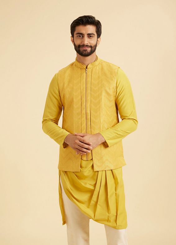 Manyavar Men Lustrous Mustard Satin Kurta Jacket Set