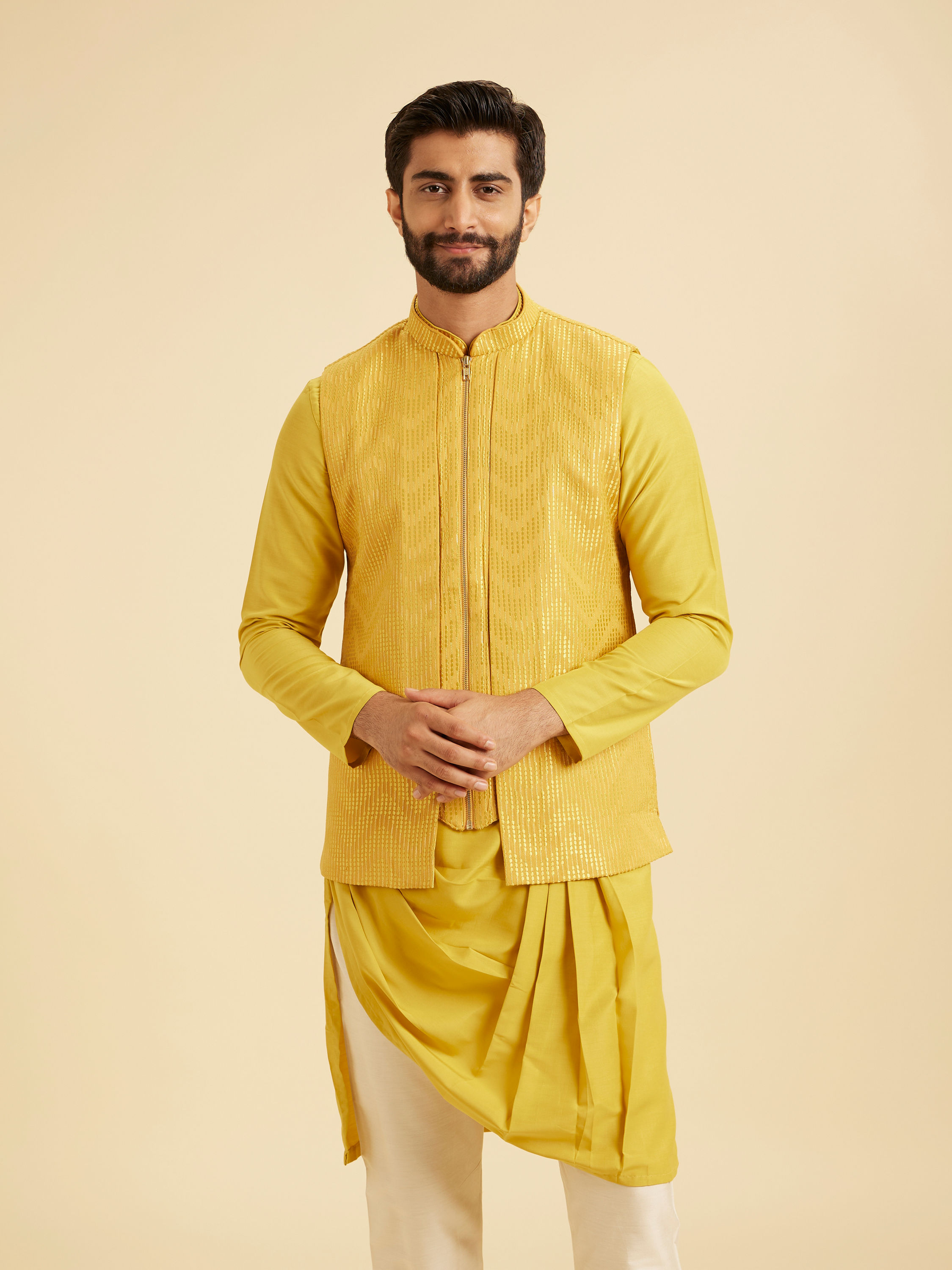 Manyavar Men Lustrous Mustard Satin Kurta Jacket Set