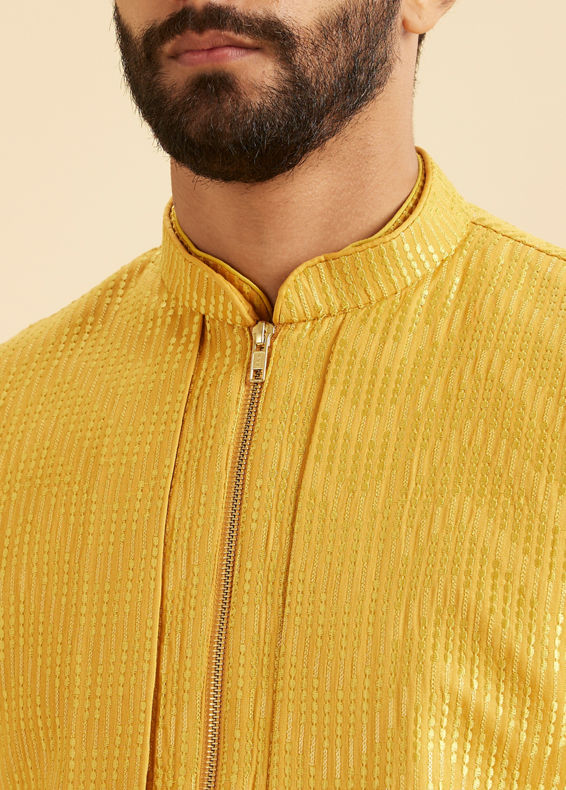Manyavar Men Lustrous Mustard Satin Kurta Jacket Set