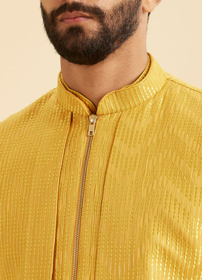Manyavar Men Lustrous Mustard Satin Kurta Jacket Set