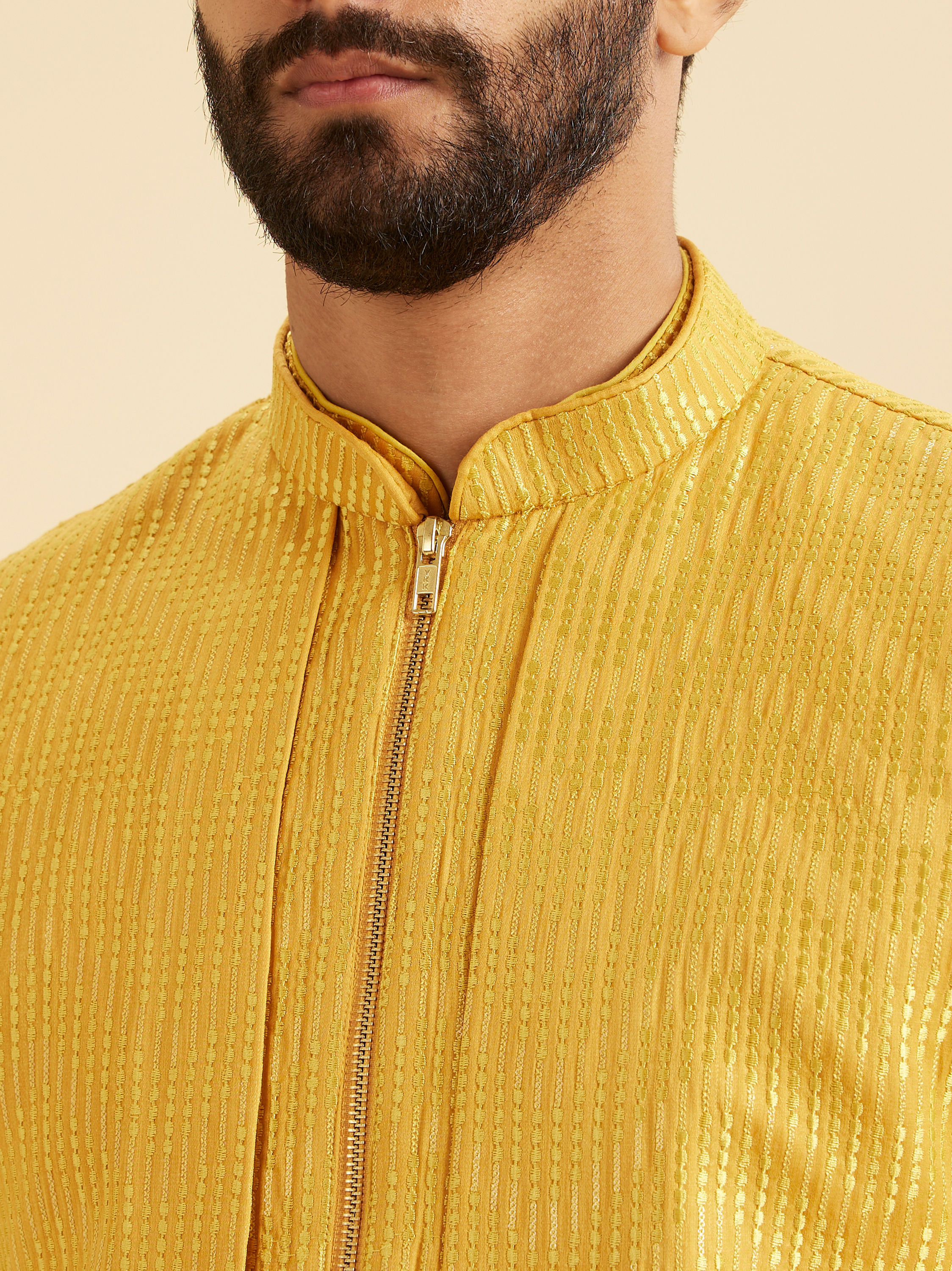 Manyavar Men Lustrous Mustard Satin Kurta Jacket Set