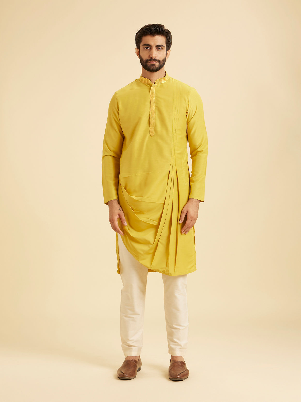 Manyavar Men Lustrous Mustard Satin Kurta Jacket Set