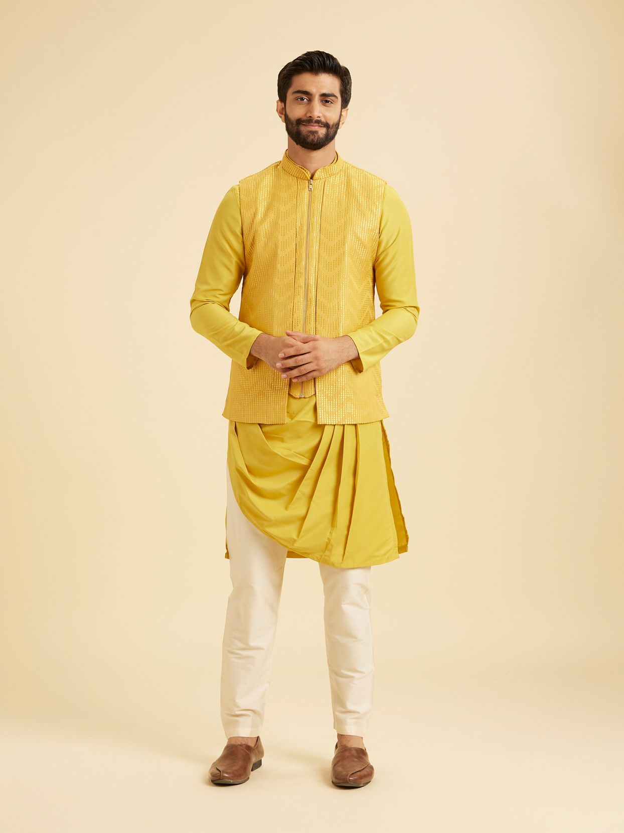 Manyavar Men Lustrous Mustard Satin Kurta Jacket Set