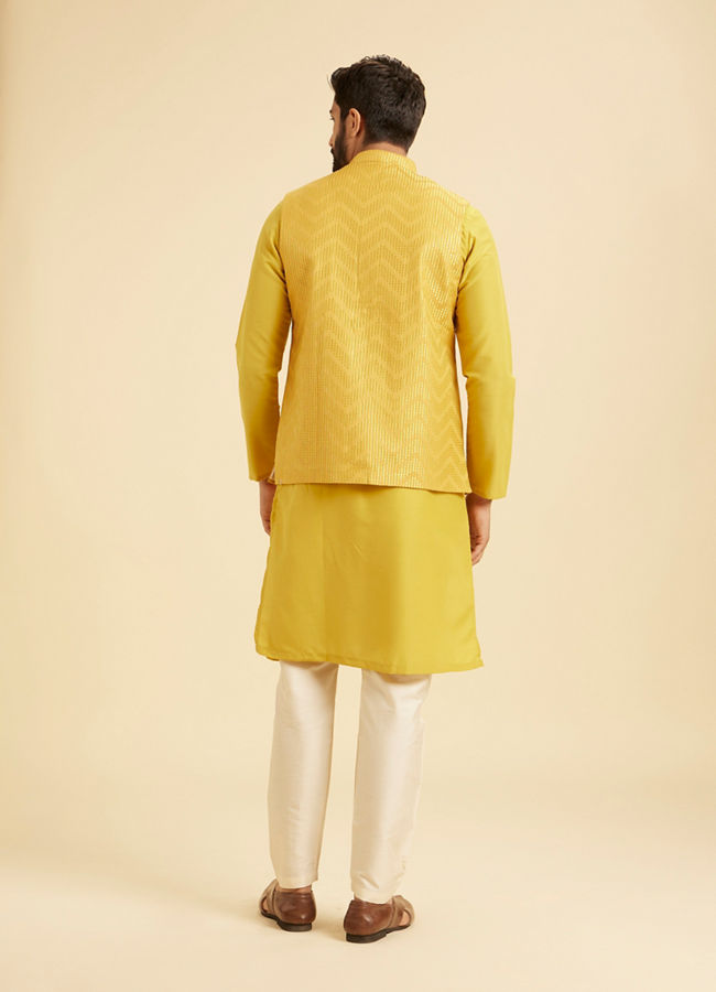 Manyavar Men Lustrous Mustard Satin Kurta Jacket Set