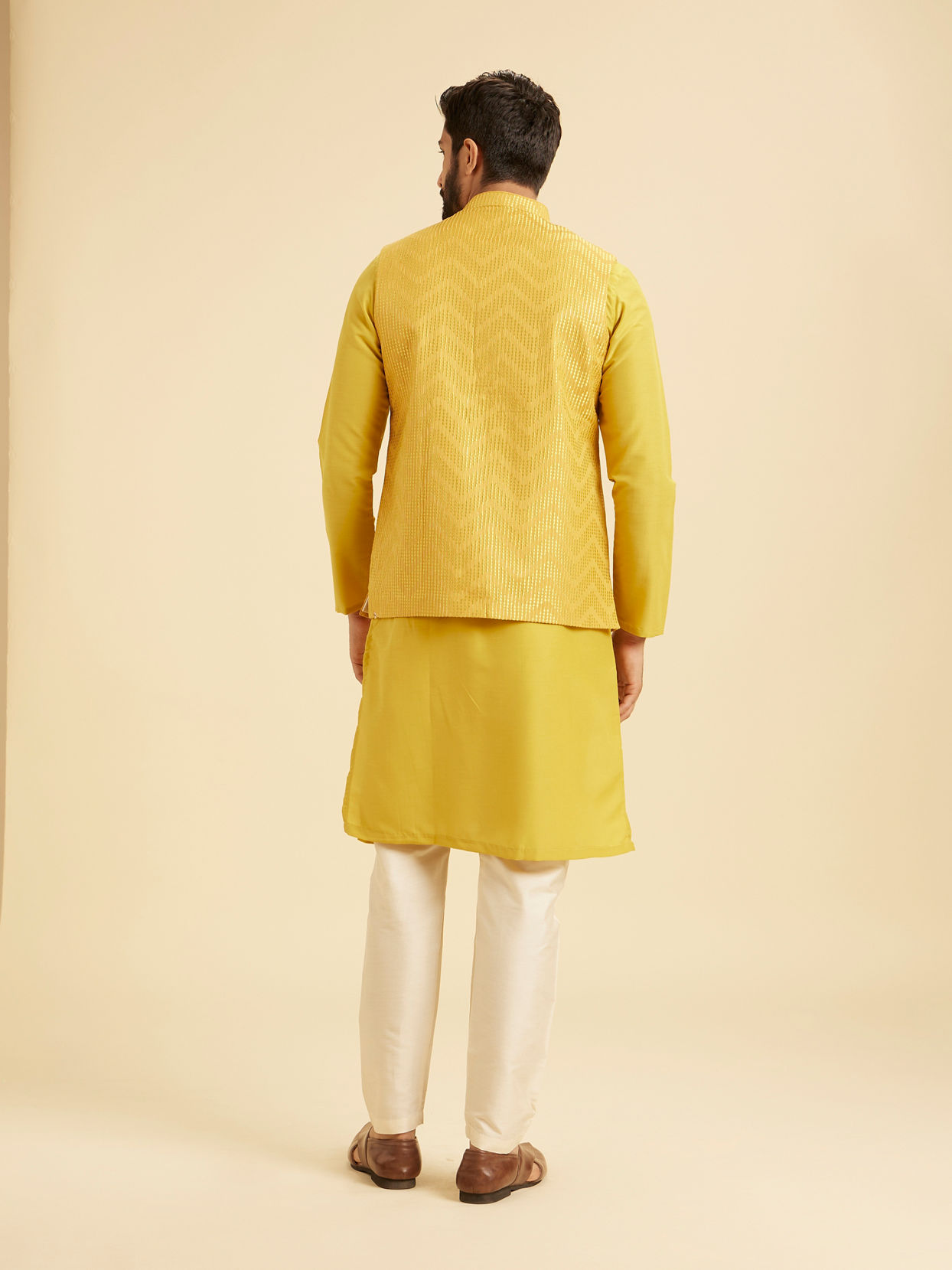 Manyavar Men Lustrous Mustard Satin Kurta Jacket Set