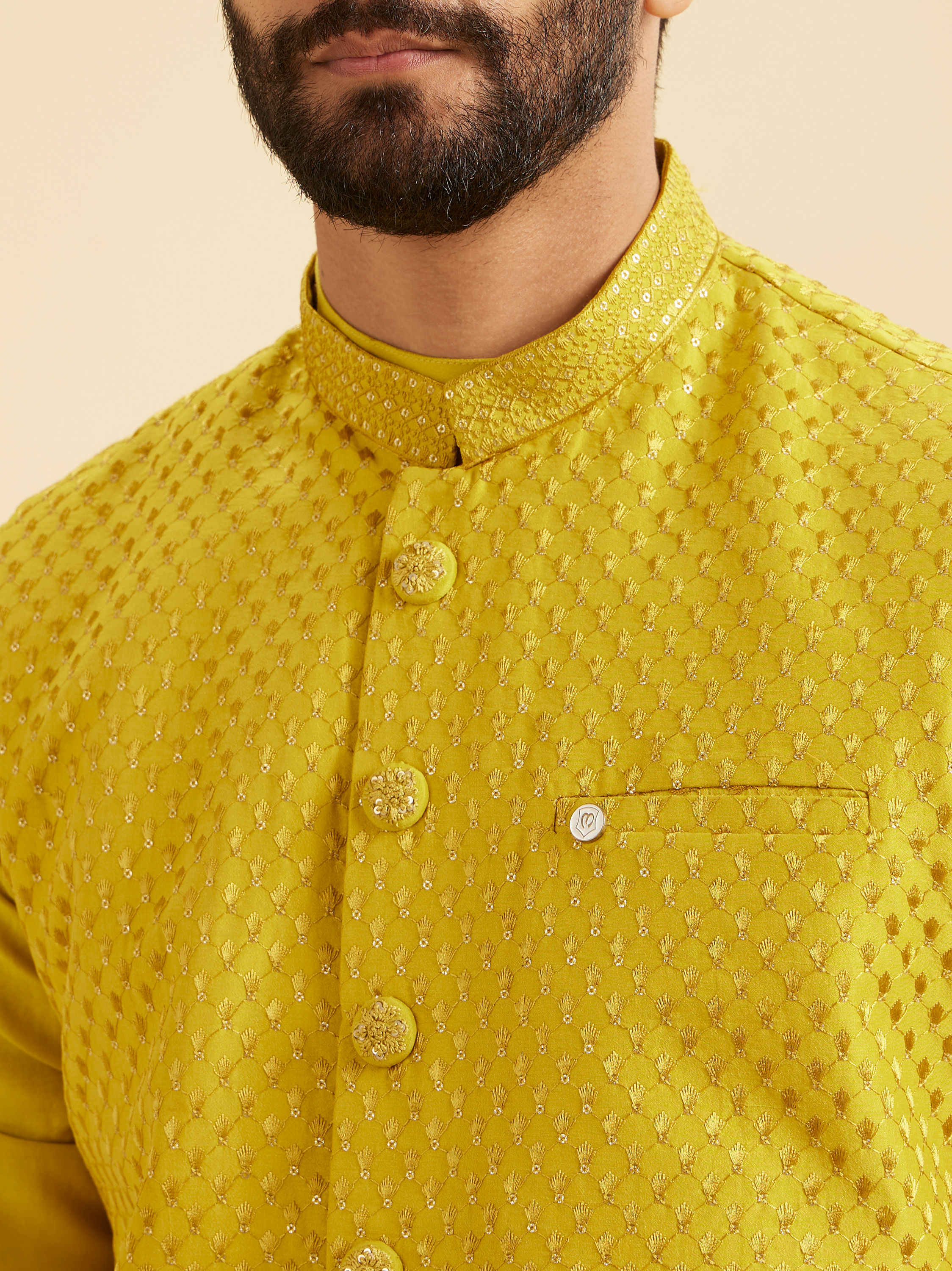 Manyavar Men Majestic Mehndi Green Kurta Jacket Set