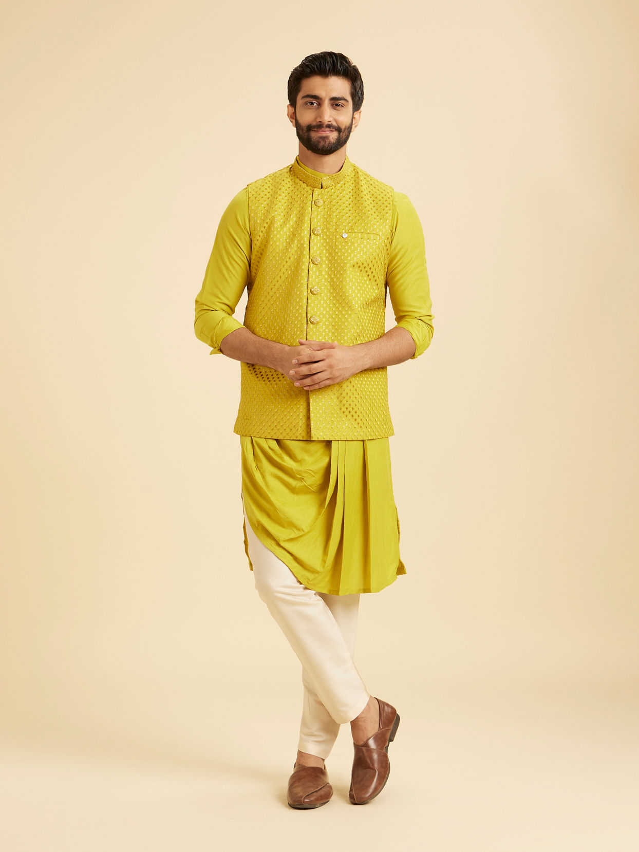 Manyavar Men Majestic Mehndi Green Kurta Jacket Set