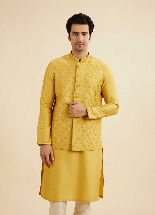 Manyavar Men Mustard Yellow Buta Jaal Patterned Jacket Set