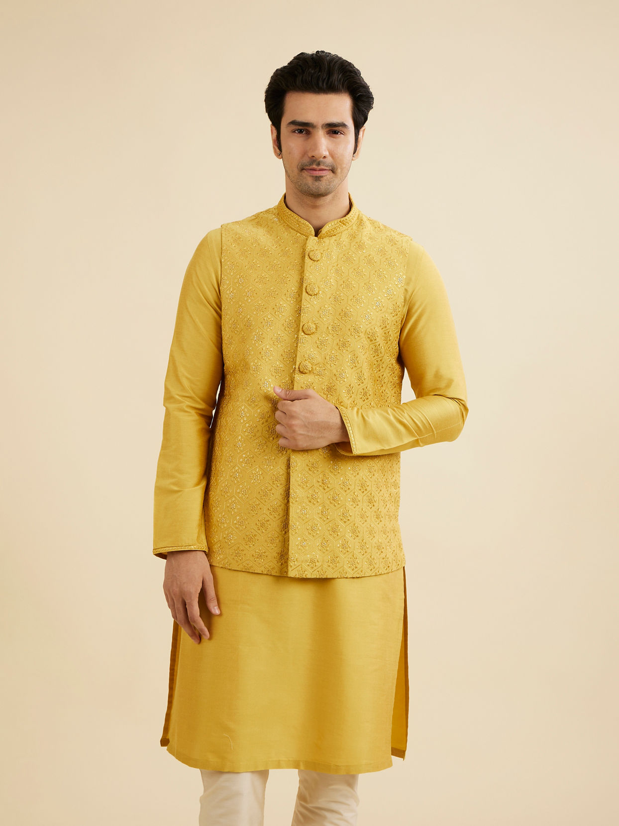 Manyavar Men Mustard Yellow Buta Jaal Patterned Jacket Set