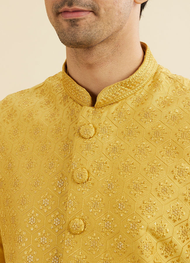 Manyavar Men Mustard Yellow Buta Jaal Patterned Jacket Set