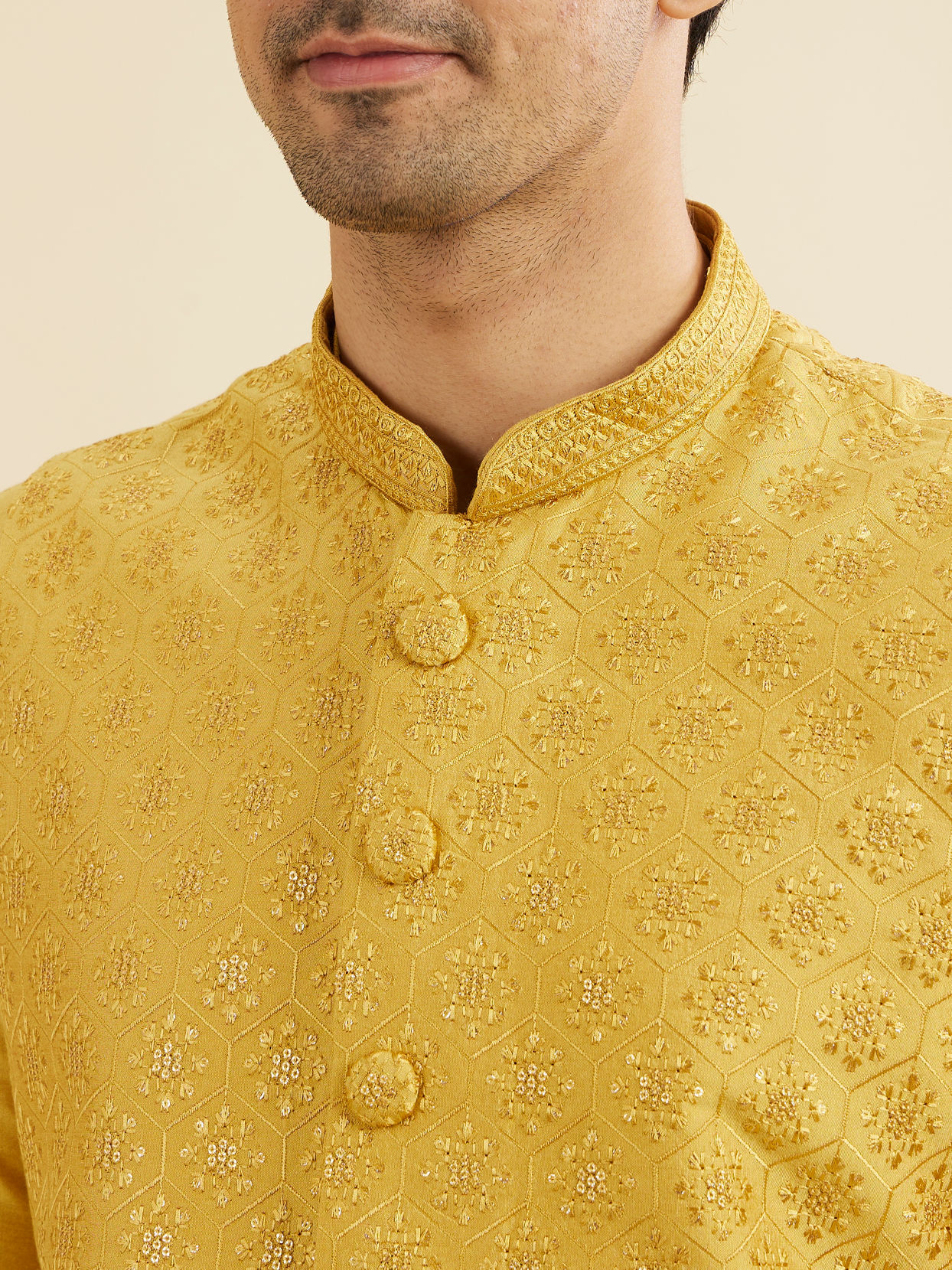 Manyavar Men Mustard Yellow Buta Jaal Patterned Jacket Set