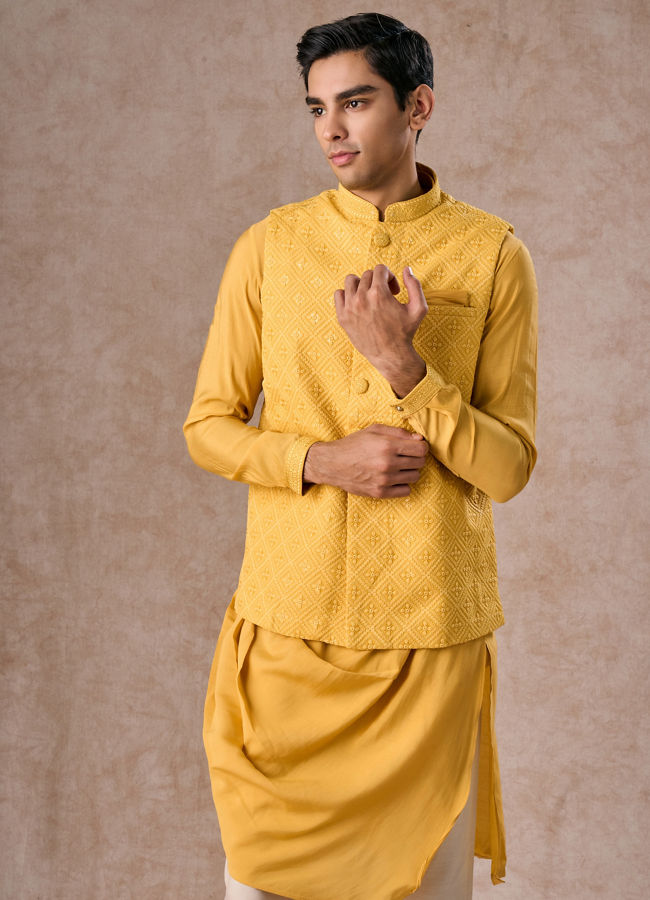 Manyavar Men Lustrous Mustard Kurta Jacket Set