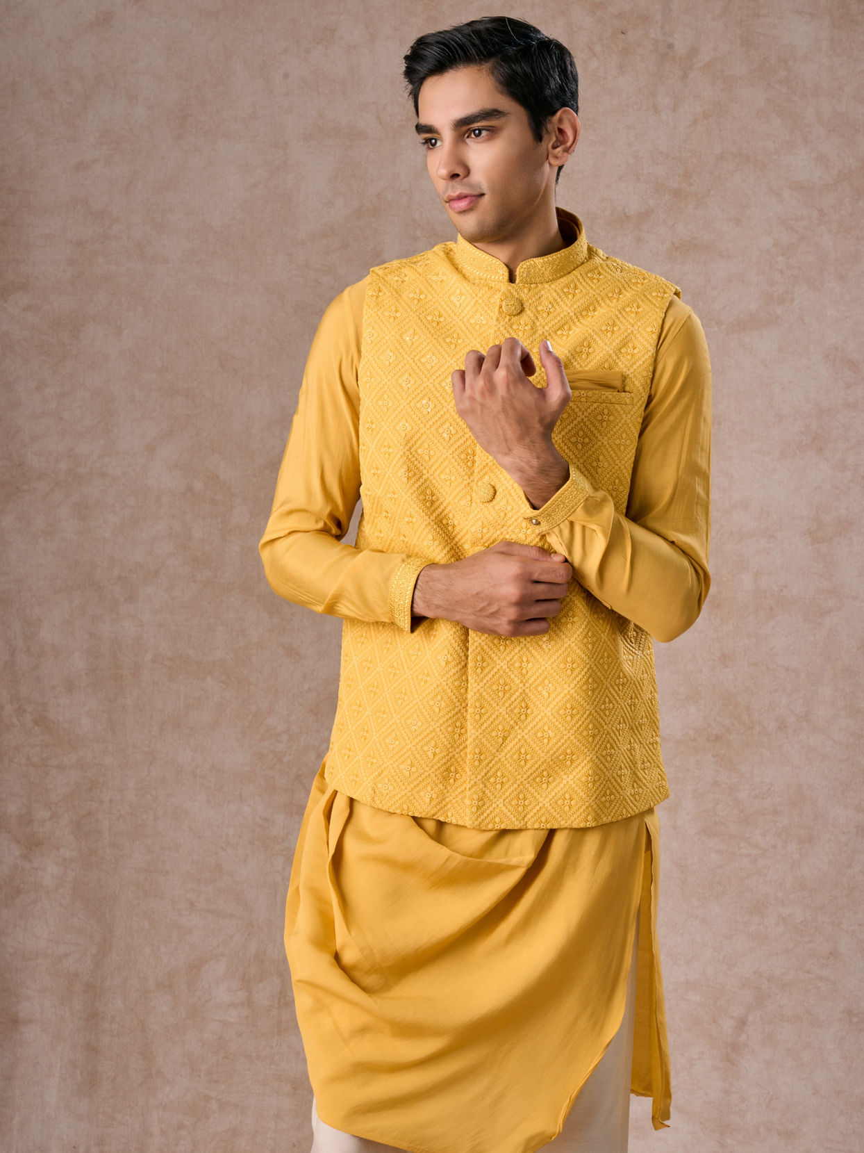 Manyavar Men Lustrous Mustard Kurta Jacket Set