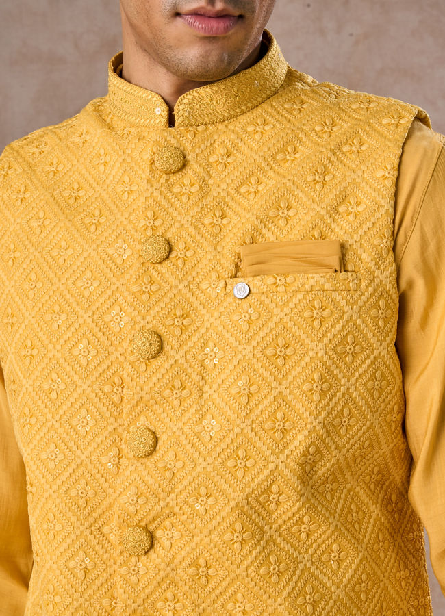 Manyavar Men Lustrous Mustard Kurta Jacket Set