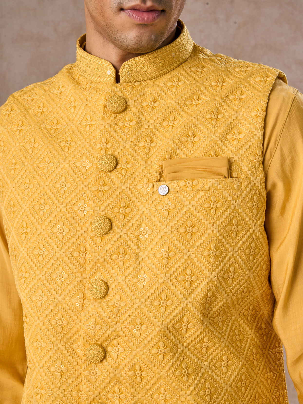 Manyavar Men Lustrous Mustard Kurta Jacket Set