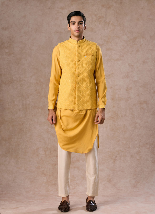 Manyavar Men Lustrous Mustard Kurta Jacket Set