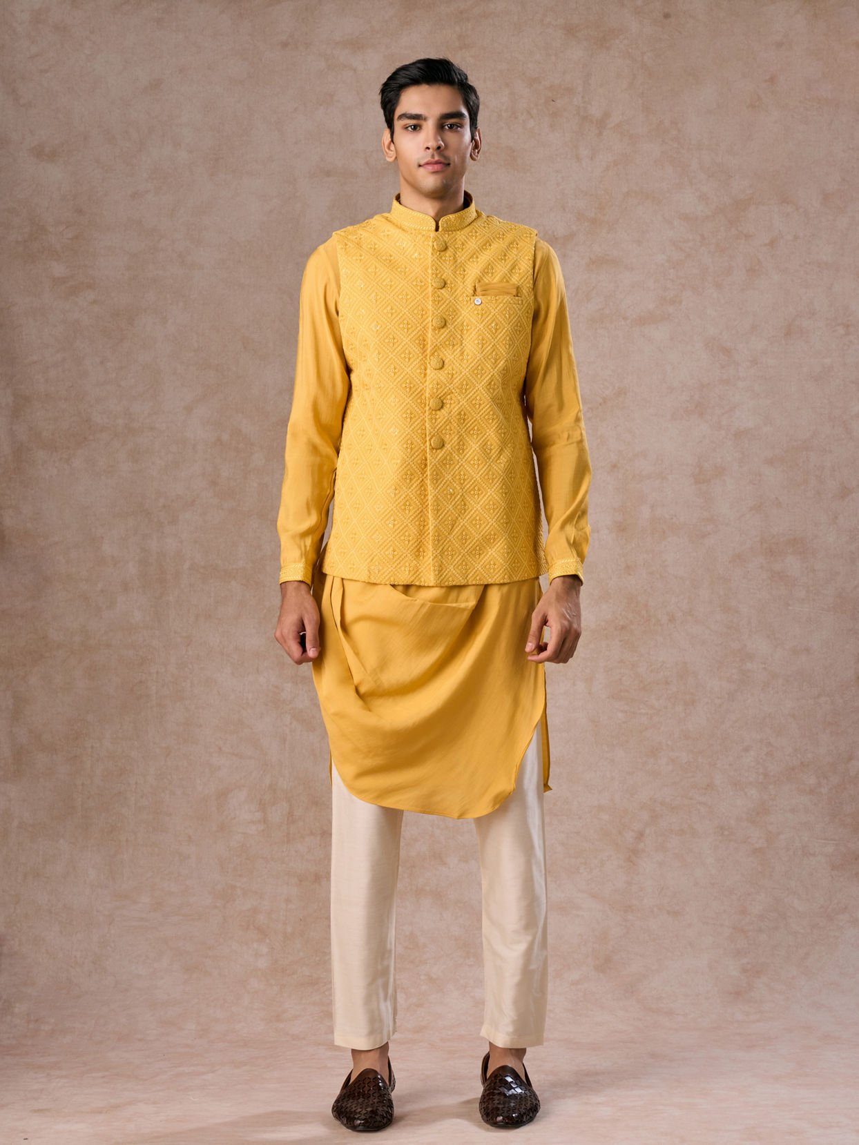 Manyavar Men Lustrous Mustard Kurta Jacket Set