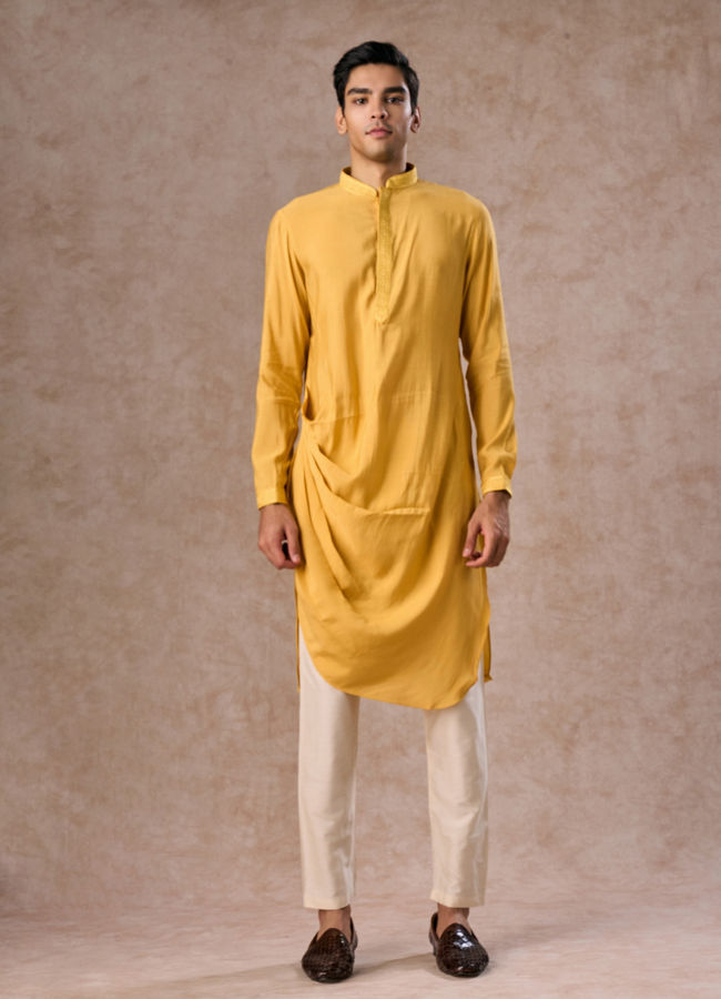 Manyavar Men Lustrous Mustard Kurta Jacket Set