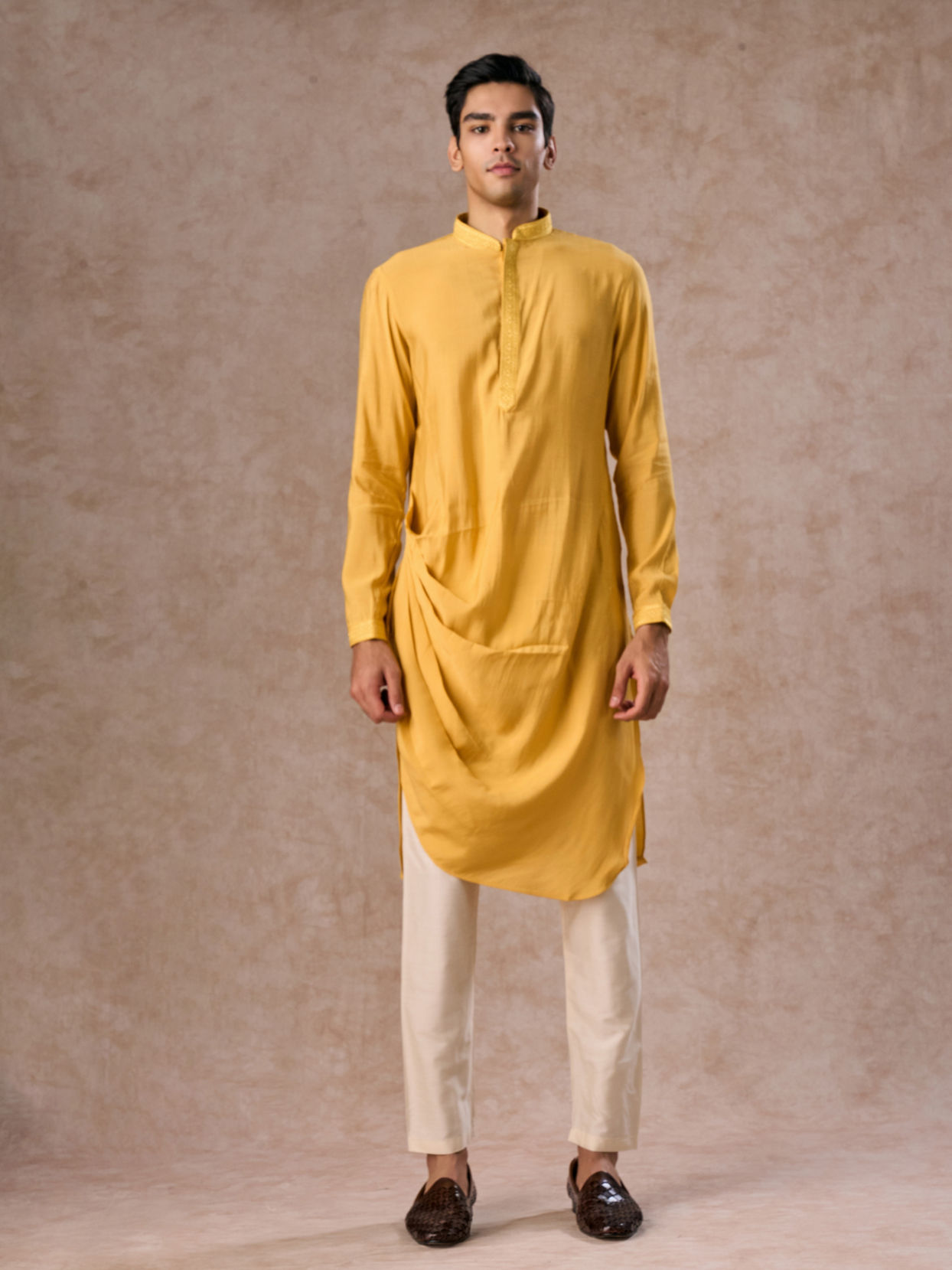 Manyavar Men Lustrous Mustard Kurta Jacket Set