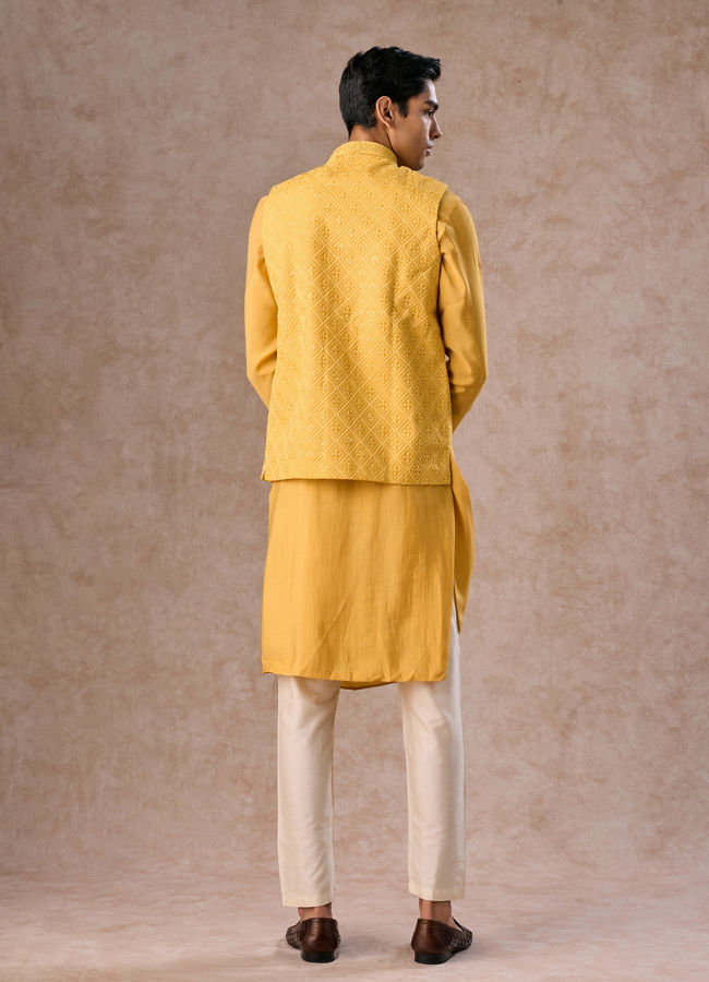 Manyavar Men Lustrous Mustard Kurta Jacket Set