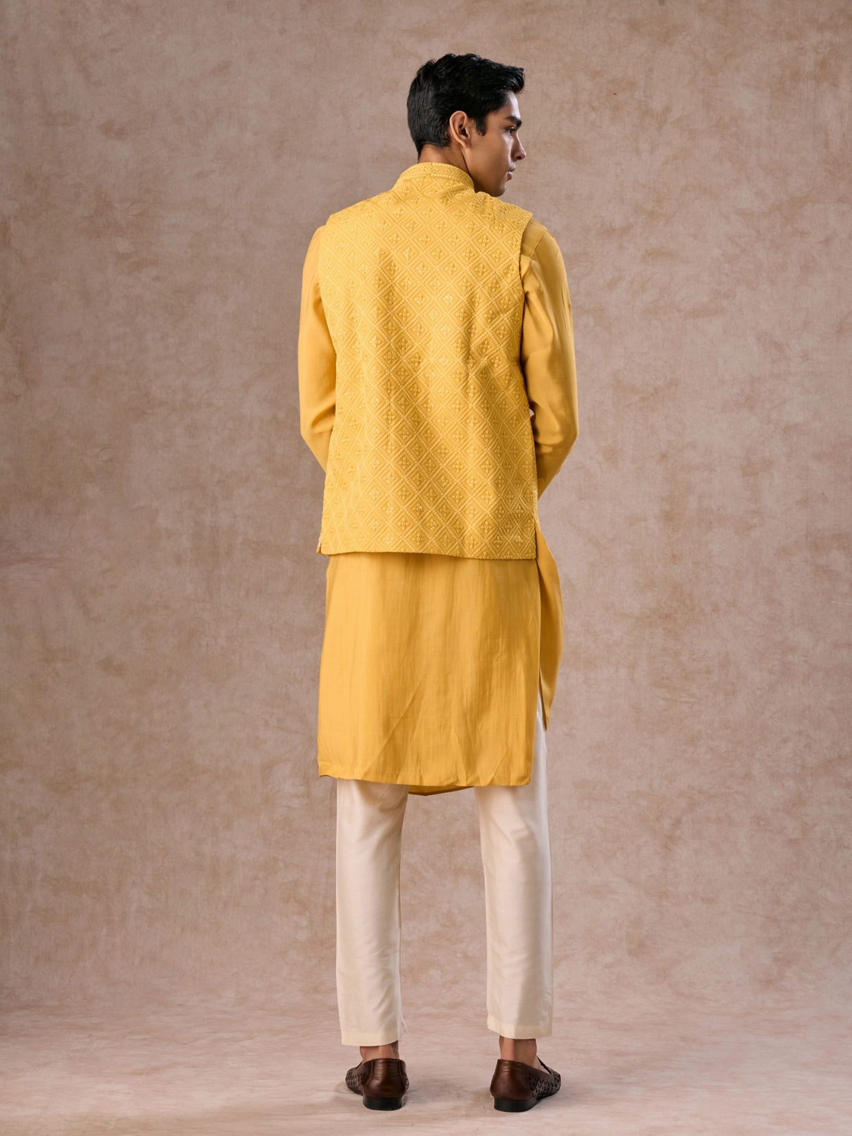 Manyavar Men Lustrous Mustard Kurta Jacket Set