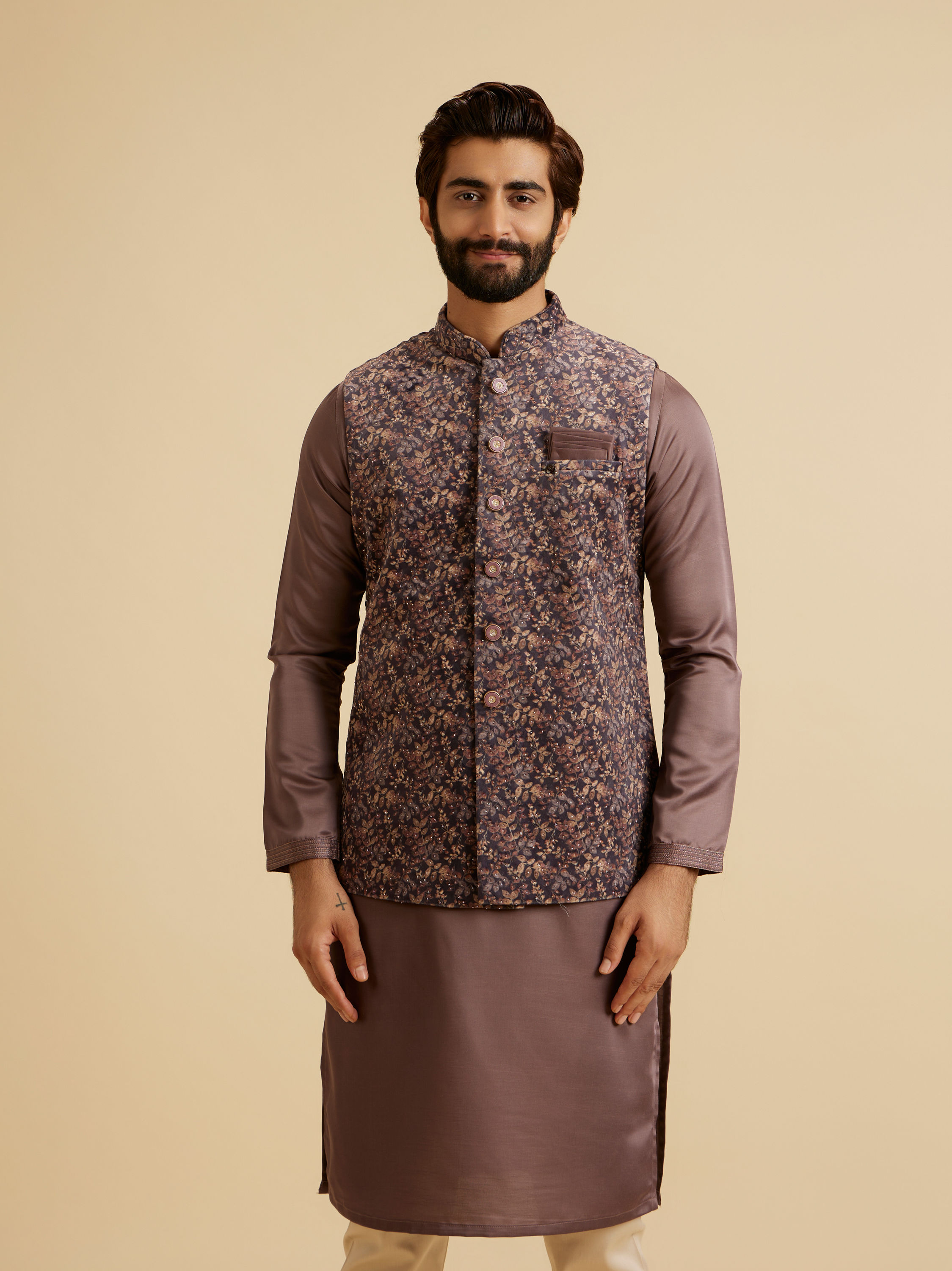 Manyavar Men Lustrous Lilac Velvet Kurta Jacket Set